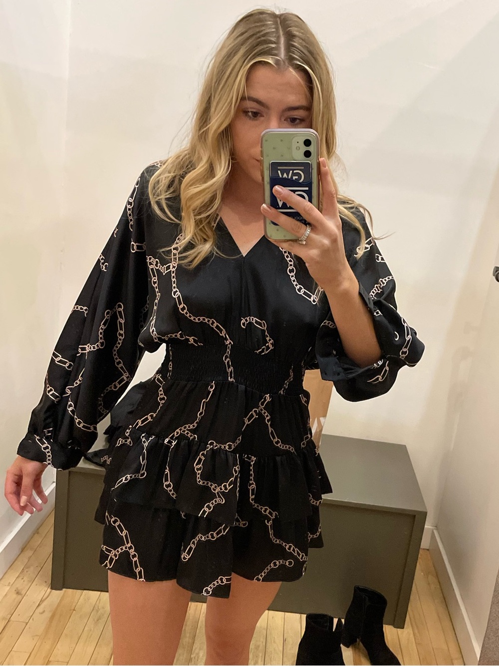 Zara Black Chain-Print Ruffle Mini Dress